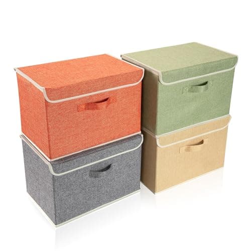 Image of BrilliantJo Storage Boxes with Lid, Foldable Clothing Storage Basket case with Handle for Toy, Books, Closet, Bedroom, Home, 38L x 25W x 25H cm 4 mixed colors A