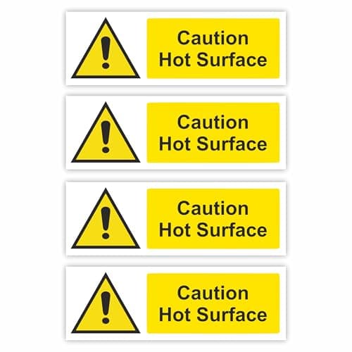 Image of 4-Pack "Caution Hot Surface" Self-Adhesive Signs / 5x15cm Each (Pack of 4) / Landscape Orientation Removable & Wipeable/Indoor or Outdoor Stickers/Gloss Finish/Hot Surface Warning Stickers