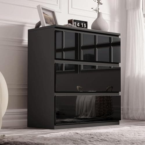 Image of Blisswood High Gloss Chest of Drawers 3 Drawer Bedroom Storage Cabinet with Metal Runners, Black Gloss Furniture for Bedroom Storage, Living Room, Nursery or Office Furniture 40D x 70W x 77H CM Black