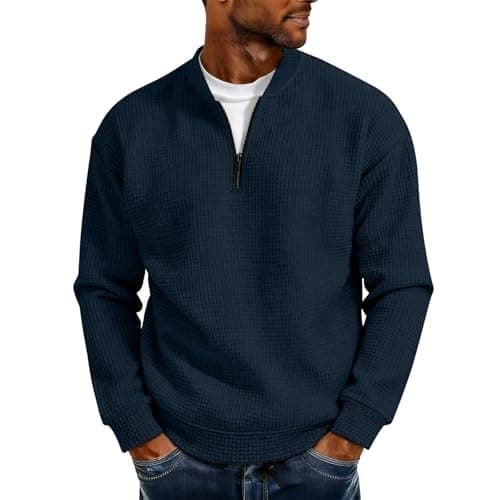 Image of Waffle Sweatshirt for Men UK Half Zip Waffle Knit Jumper Mens Casual Long Sleeve Textured Sweater Lightweight Breathable Sweatshirts Classic Solid Color Ribbed Cuffs & Hem Jumpers Navy