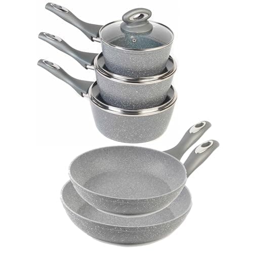 Image of Salter COMBO-6440 Pot and Pan Set, 5 Piece with 16/18/20cm Saucepans, 20/24cm Frying Pans, Non-Stick, Induction Suitable, Cooking Pots with Lids, Forged Aluminium, Marblestone Collection, Grey