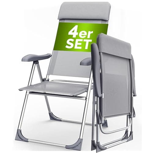 Image of CASARIA® 4x Aluminium High Back Folding Garden Chairs | Lightweight 7-Way Adjustable Backrest Armchairs Set | Padded Headrest | Patio Balcony Camping Outdoor | Grey/Grey