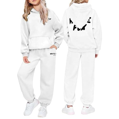Image of NSICBMNO Kids Tracksuit Girls 2 Piece Outfits Tracksuit Kids Full Set Oversized Hoodie Long Sleeve Sweatshirt Baggy Sweatpants Jogging Bottoms Girls Gym Set Activewear 13-14 Years, White