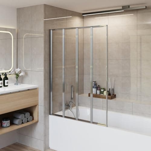 Image of Aquariss 850x1400mm Bathroom 4 Folding Panel Bath Shower Screen 4mm Self Clear Glass Pivot Door Reversible Chrome
