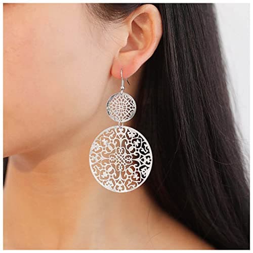 Image of Inateannal Vintage Filigree Disc Drop Earrings Silver Filigree Circle Dangle Earrings Double Circle Drop Hook Earrings Hollow Round Filigree Flower Earrings Jewelry for Women and Girls Gifts