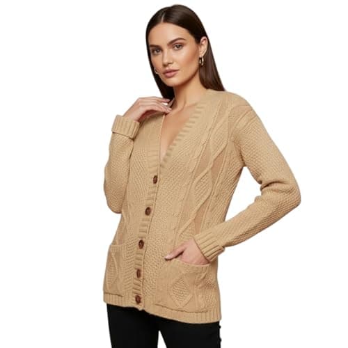 Image of LUXFAB Womens Long Sleeve Button Top Cardigan Chunky Aran Cable Knit Grandad Style Sweater Everyday Casual Warm Knitted Ladies Cardigan UK Sizes 8-26 Beige