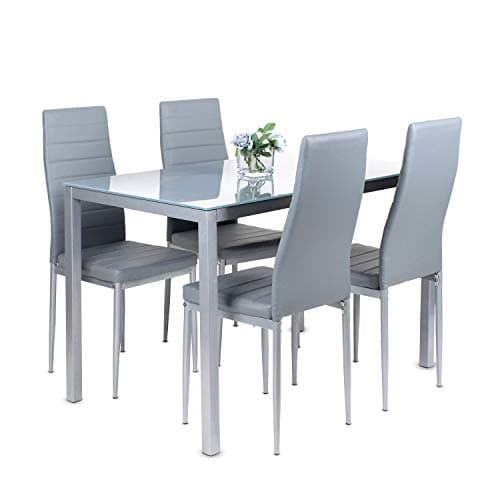 Image of Dining Table and Chairs Set 4, 120cm Glass Table and 4 Faux Leather Padded Chairs, Dining Room Furniture, Grey
