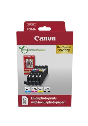 Image of Canon CLI-526 C M Y BK VALUE Pack of 4 cartridges (Black Cyan Magenta Yellow) + 50 sheets of 10x15cm Photo Paper Genuine (Recycled Cardboard Multipack)