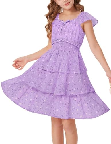 Image of GRACE KARIN Girls Summer A-Line Tiered Floral Dress, Ruffle Sleeve Square Neck Midi Flower Girl Party Dresses 6-14 Years Purple Flowers 12-13 Years