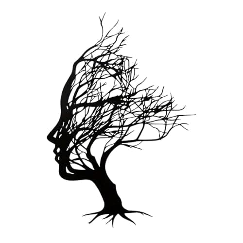 Image of Abstract Tree Face Metal Wall Art Decor, Tree of Life Women Face Wall Hanging Sculpture, Modern Black Wall Art for Living Room, 30x21cm