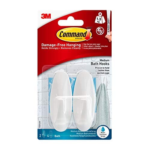 Image of Command Bath Designer Hooks, White, Water Resistant - 2 Medium Hooks and 4 Adhesive Strips - Hang Towels, Robes and Other Bathroom Accessories - Ideal to Avoid Drilling Through Tiles