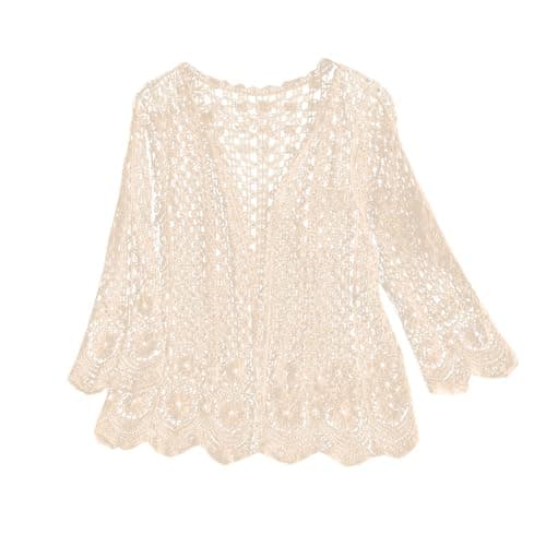 Image of Generic Women's Summer Cardigan - Lightweight, Loose, Long Sleeve, V-Neck, Floral Lace Crochet, Beige