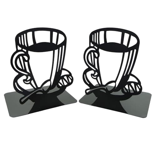 Image of 1 Pair Black Coffee Cup Metal Bookends for Shelves,Retro Cup Nonskid Thickening Iron Book End Decorative Hollowed Bookends Desk Organizer Holder for Kid Library School Home Office Decoration