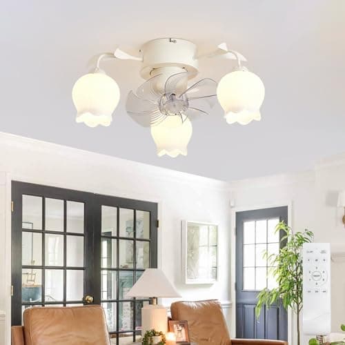 Image of Depuley Flower Ceiling Fan with Light: White Flower Fan Lights for Girls Bedroom - Flush Mount Fandelier for Living Room - 3-Light Modern Chandelier with Fan for Home Decor Enthusiasts