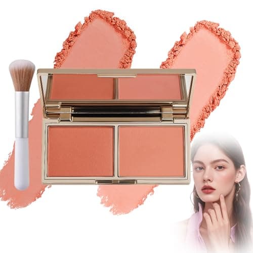 Image of Peach-Toned 2-in-1 Blush Duo Palette with Matte and Shimmer Finishes - Soft Blendable Cheek Powder for a Natural Glow, Includes Dual-Ended Brush in a Portable Compact for All Skin Tones