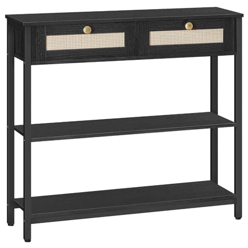 Image of HOOBRO Rattan-Like Black Console Table, 3-Tier Hallway Table with 2 Flip-Down Drawers and Storage Shelves, 80 cm, Open and Hidden Storage Space, Woven Decoration, Black EBB02XG01N1