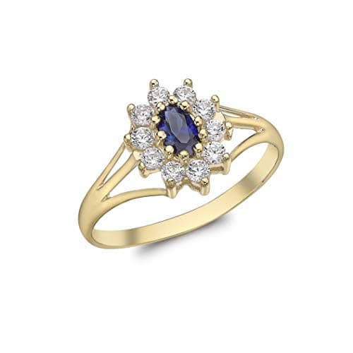 Image of CARISSIMA Women's 9 ct Yellow Gold Blue and White Cubic Zirconia Flower Cluster Ring, Size N