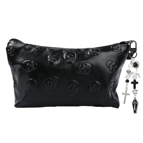Image of Gothic Pencil Case - Black Emboss Leather Skull Pencil Case with Detachable Gothic Keychain, Punk Aesthetic Stationery Box, Black stationery Storage Box for Teenagers High Secondary School Boys (B)