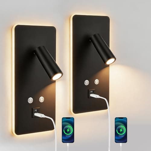 Image of 2Pcs LED Bedside Wall Light, Bedside Reading Light with Switch and USB Charging Port, Stepless Dimming LED Wall Mounted Reading Lights,3W+9W Adjustable Spotlight for Bedroom, Hallway, Stairs, Hotel