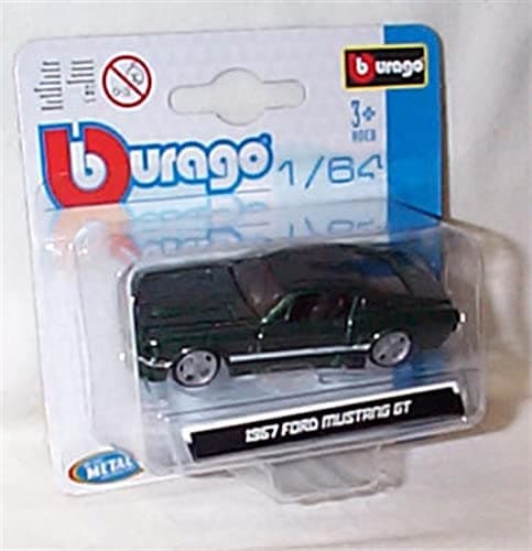 Image of Bburago 1967 F0RD Mustang GT in Dark Green vehicle about 1:64 scale diecast model
