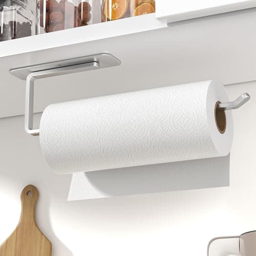 Image of Paper Towel Holder Under Cabinet - Self-Adhesive or Drilling - Silver Upgraded Aluminum Paper Towel Rack - Paper Towel Holder Wall Mount - Suitable for Kitchen, Bathroom