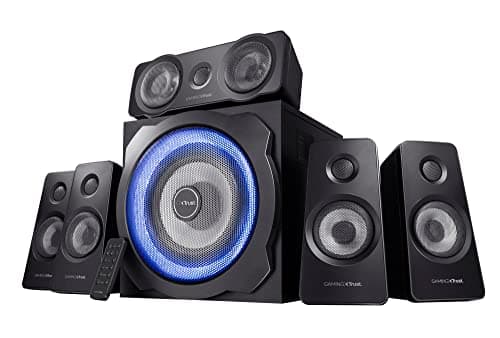 Image of Trust Gaming GXT 658 Tytan 5.1 Surround Sound Speaker System, PC Speakers with Subwoofer, UK Plug, LED Illuminated, 180 W - Black/Blue