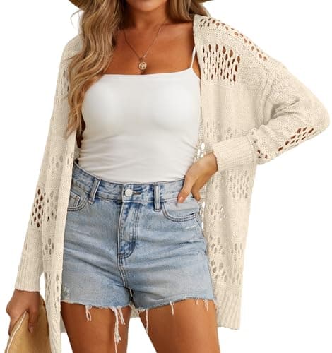 Image of GRECERELLE Crochet Cardigan for Women Summer Beach Cover Up Lightweight Hollowed Out Open Front Long Cardigans Ladies Sun Protection Beachwear (Beige, L)