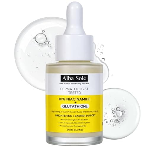 Image of Alba Solé 10% Niacinamide + Glutathione Face Serum | Brightening Serum for Dark Spots & Uneven Skin Tone | AHA BHA with Hyaluronic Acid | Smooth, Radiant Skin | 30 ml (1.01 fl oz)