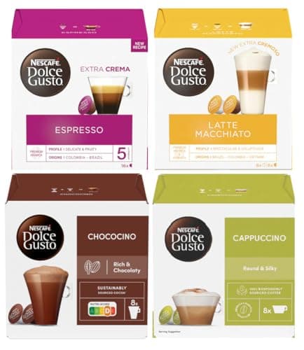 Image of NESCAFÉ DOLCE GUSTO Variety Pack Coffee Pods, Flavours inc. Espresso, Latte Macchiato, Chococino, Cappuccino (Pack of 4, Total 64 Pods)