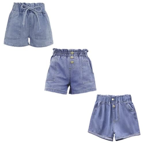 Image of FedMois Girls Jean Shorts Casual Summer Short, Pack of 3, Drawstring, Three Buttons and Two Buttons, 3-4 Years