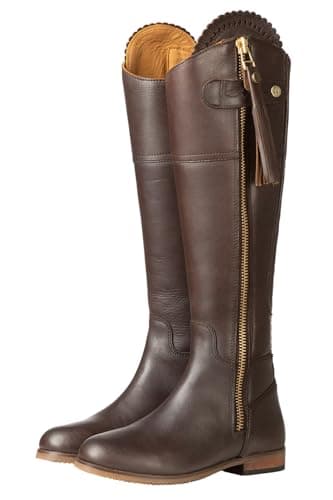 Image of Ladies Tall Leather Spanish Riding Boots Womens Long Country Boot Elasticated Stretch Panel, Regular and Slim Fit (Waxy Brown Slim Fit, UK Footwear Size System, Adult, Women, Numeric, Medium, 9)