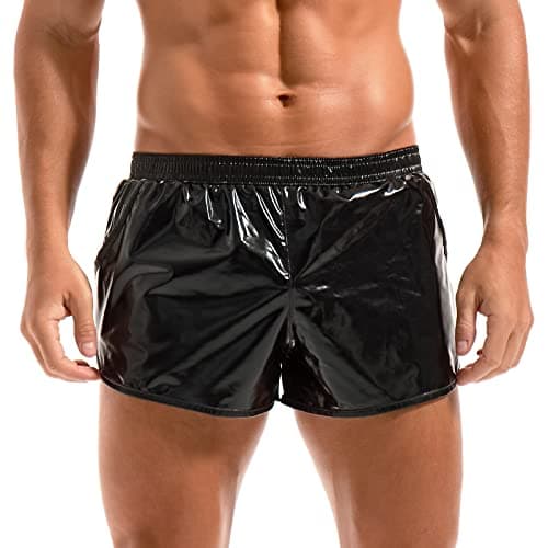 Image of Amy Coulee Mens Metallic Shorts Rave Shiny Hot Pants Sparkly Sexy Boxer Shorts with Pockets (Black, L)
