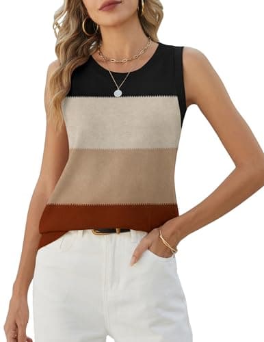 Image of Zeagoo Tank Tops Women Casual Knitted Vest Tops Summer Crew Neck Sleeveless Tshirt Brown Stripe L