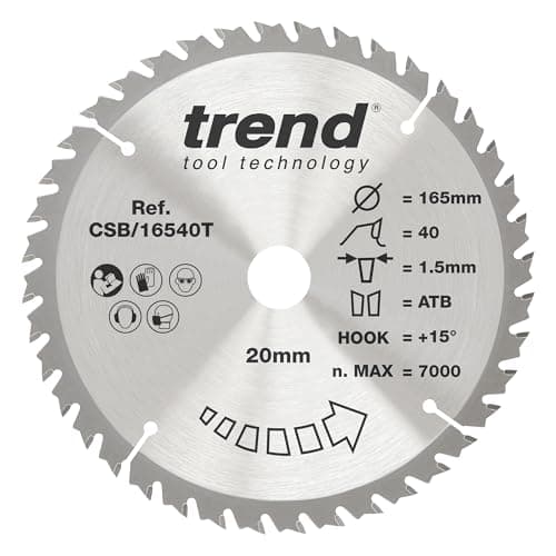 Image of Trend Wood Cordless Circular Saw Blade, 165mm Diameter, 20mm Bore, 40 Teeth, 1.5mm Kerf, +15° Hook, TCT, Fine Finish, CSB/16540T