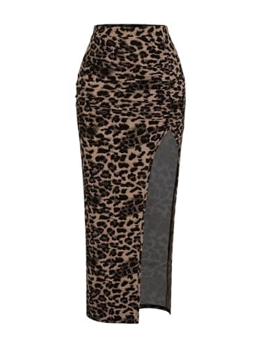 Image of GORGLITTER Women's Sexy High Waist Bodycon Ruched Long Skirt Office Business High Slit Pencil Skirts Brown Medium