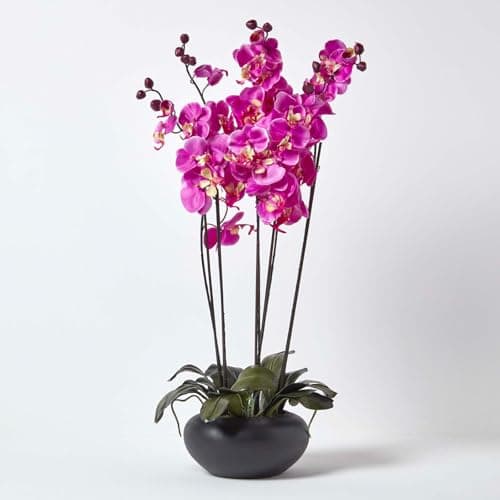 Image of HOMESCAPES Large Oriental Style Cerise Orchid with Silk Flowers in Black Round Planter Pot 79 cm tall - Artificial Flowers and Plants for Indoor Decoration