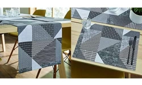 Image of Catherine Lansfield Dining Larsson Geo 33x220 cm Runner Grey + 30x46 cm Placemat Pair Grey
