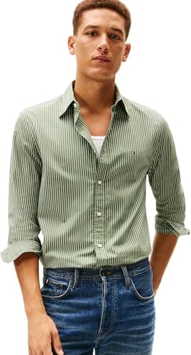 Image of Tommy Hilfiger Men CORE Hairline POPLIN RF Shirt MW0MW41399 L/S Shirt, Green, XL