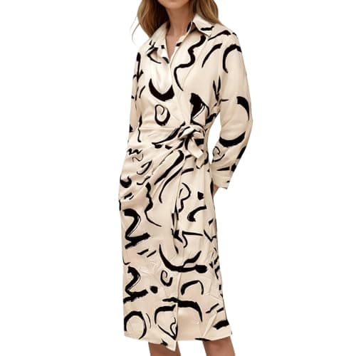 Image of Floral Print Long Sleeve Shirt Dress with Tie Waist and Button Collar for Casual Daily Wear, White, L
