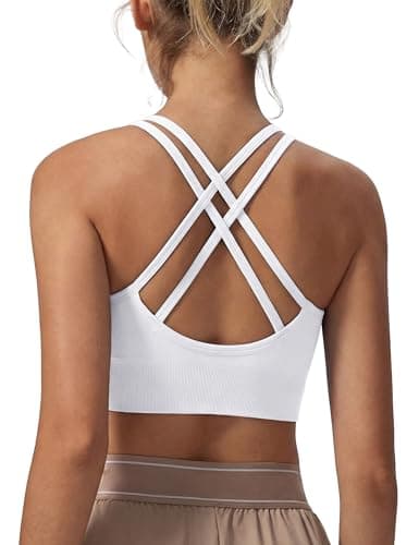 Image of Leversic Sports Bra for Women Padded Yoga Bra Mid Impact Sports Bra Strappy Cross Back Crop Top for Fitness Yoga Gym(White,S)