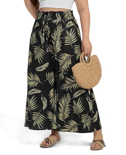 Image of Moon Wood Womens Wide Leg Pants Plus Size Printed Flowy Palazzo Trousers Lounge Summer Pants Floral Beach Trousers with Pockets Printing 04 3XL