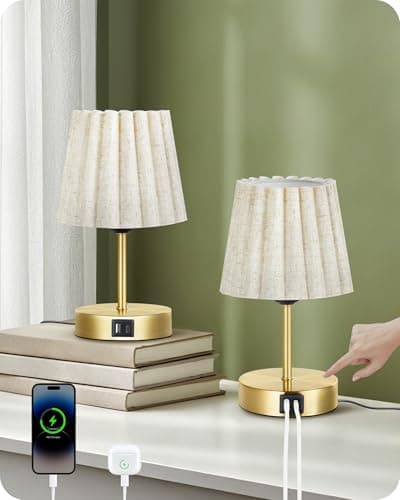 Image of GOEBELSON Bedside Lamps Set of 2, Gold Bedside Lamp with USB A+C Charging Ports & 2 E27 LED Bulbs, 10-100% Stepless Dimming Touch Table Lamp for Bedroom, Living Room ZDE16TLKP205