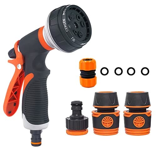 Image of TFUFR Garden Hose Pipe Spray Gun Set, 8 Adjustable Patterns High Pressure Anti-Leaking Hose Gun with Hose Pipe Connect Adapters for Watering Plants and Lawns Washing Cars and Pets, Orange