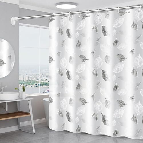 Image of Shower Curtain for Bathroom, 100% Polyester Waterproof Mould Proof Resistant Fabric, 180 x 200cm PEVA Bathroom Curtains with Grommets & 12 Pcs Hooks, Quick-Drying, Washable Bath Curtain (Leaves)