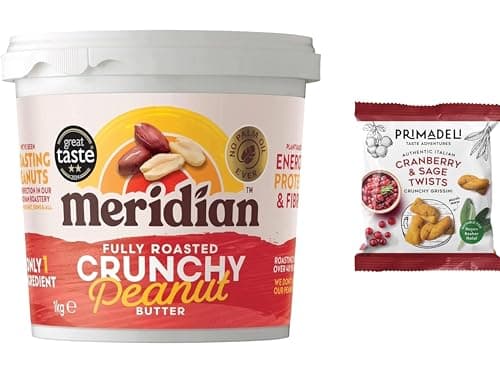 Image of Meridian Crunchy Peanut Butter 1Kg (Pack of 1) + Primadeli Snack – Peanuts Roasted with Skins, No Palm Oil, No Added Sugar or Salt, Gluten Free, Dairy Free, Plant Protein Spread, from SuperfoodUK