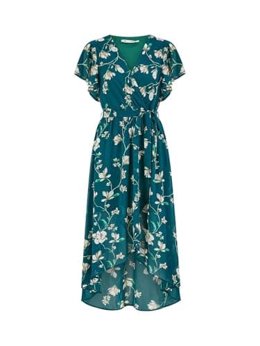 Image of Yumi Green Floral Wrap Midi Dress with Frill Hem (UK, Numeric, 12, Regular, Regular, Green)