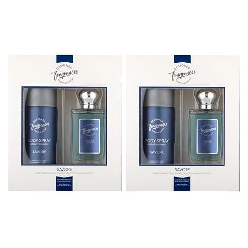 Image of Designer Fragrances Savore Male Twin Gift Set - Includes 2 x 150ml Body Spray Deodorant Cans, 2 x 50ml Men’s Eau De Parfum Aftershave Spray - For Instant Freshness on The Go - Long Lasting Smells