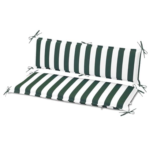 Image of COWVIE 108x45 cm Garden Bench Cushion with Back for 2 Seater, Water-Resistant & Fade-Resistant Tufted Outdoor Seat Cushion in Fade-Resistant Fabric for Patio, Garden or Swing, Green Stripe