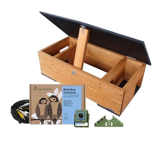Image of Green Feathers Deluxe Hedgehog House & Wired 700 TVL Outdoor Camera Kit, Includes Eco-Friendly Nest Box House and Extension Lead (Wired Camera & Hedgehog Feeder, UK Power Supply)