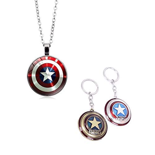 Image of YouU 2 Pcs Cute Captain Shield Necklace Keychain Set-Metal Decor Men keyring Pendant Charms Gifts for Best Friend/collections, Silver
